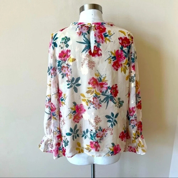 Loft shimmer floral chiffon ruffle puff sleeve blouse top 5725 - Picture 3 of 6